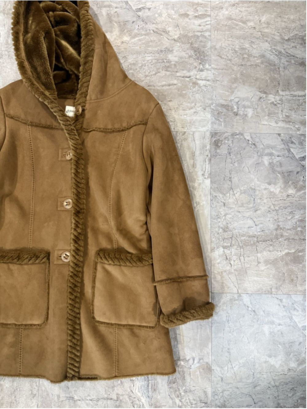 VTG St John’s Bay Faux Suede Faux Shearling suede Braided Trim Coat Button Hood